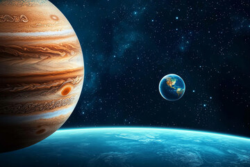 Wall Mural - Jupiter and Earth alignment in deep space. Jupiter massive size compared to Earth in cosmic scene
