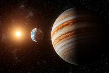 Wall Mural - Jupiter and Earth alignment in deep space. Jupiter massive size compared to Earth in cosmic scene