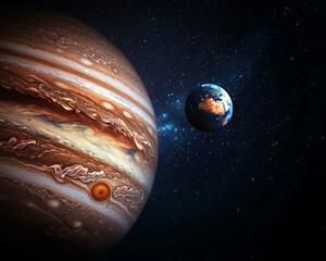 Wall Mural - Jupiter and Earth alignment in deep space. Jupiter swirling storms with Earth in distance