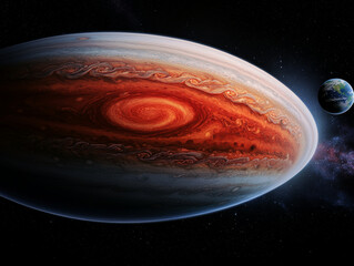 Wall Mural - Jupiter and Earth alignment in deep space. Jupiter Great Red Spot with Earth in background