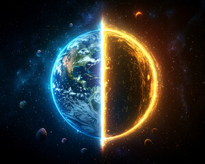Wall Mural - Jupiter and Earth alignment in deep space. Earth and Jupiter aligned with glowing cosmic light