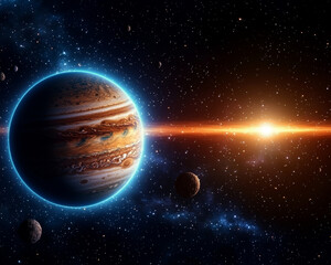 Wall Mural - Jupiter and Earth alignment in deep space. Jupiter and Earth aligned with glowing cosmic light in space
