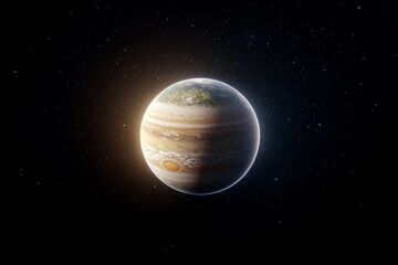 Wall Mural - Jupiter and Earth alignment in deep space. Jupiter illuminated in cosmic alignment with Earth, surrounded by stars