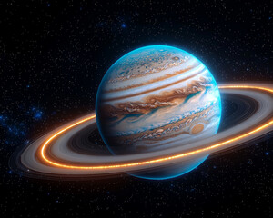 Wall Mural - Jupiter and Earth alignment in deep space. glowing ringed planet orbits in space with vibrant colors