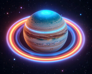 Wall Mural - Jupiter and Earth alignment in deep space. glowing planet with colorful rings orbits in space