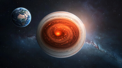 Wall Mural - Jupiter and Earth alignment in deep space. Jupiter Great Red Spot swirling with Earth in background