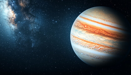 Wall Mural - Jupiter and Earth alignment in deep space. Jupiter and Milky Way under starlight create ethereal scene