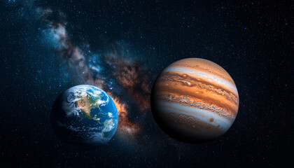 Wall Mural - Jupiter and Earth alignment in deep space. Earth and Jupiter illuminated under starlight in space