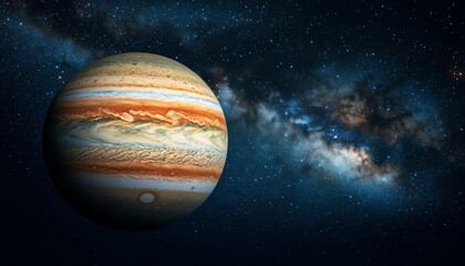 Wall Mural - Jupiter and Earth alignment in deep space. Jupiter and Earth illuminated under starlight in cosmic scene