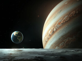 Wall Mural - Jupiter and Earth alignment in deep space. Jupiter looms large with Earth orbiting closely in space