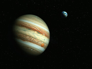 Wall Mural - Jupiter and Earth alignment in deep space. Jupiter as giant canvas with Earth orbiting closely in space
