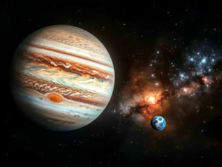 Wall Mural - Jupiter and Earth alignment in deep space. Jupiter dominates frame with small Earth orbiting nearby