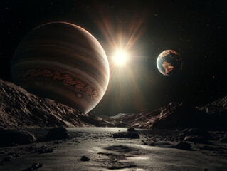 Wall Mural - Jupiter and Earth alignment in deep space. Jupiter and Earth orbiting closely in space with bright sun