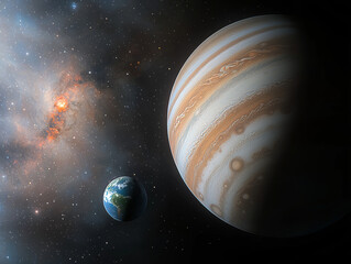 Wall Mural - Jupiter and Earth alignment in deep space. Jupiter dominates frame with small Earth orbiting nearby