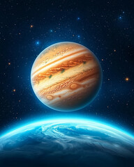 Wall Mural - Jupiter and Earth alignment in deep space. Jupiter looms massive behind Earth with light reflection