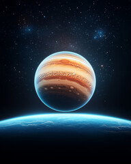 Wall Mural - Jupiter and Earth alignment in deep space. Jupiter looms massive behind Earth with light reflection