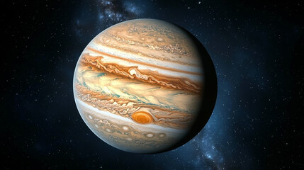 Wall Mural - Jupiter and Earth alignment in deep space. Jupiter with swirling clouds in outer space, showcasing its Great Red Spot