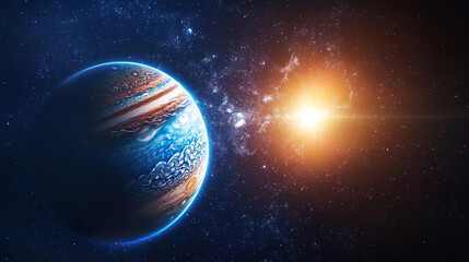 jupiter and earth alignment in deep space. jupiter and earth in outer space with bright sun in backg