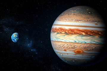 Wall Mural - Jupiter and Earth alignment in deep space. Jupiter colorful cloud layers with Earth in distance