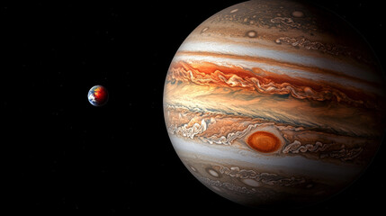 Wall Mural - Jupiter and Earth alignment in deep space. Jupiter Great Red Spot with Earth in distance