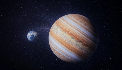 Wall Mural - Jupiter and Earth alignment in deep space. Jupiter and Earth in space with detailed gas surface depiction