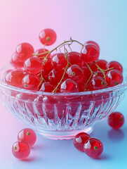 Poster - Fresh red currants in a glass bowl on a colorful backdrop.