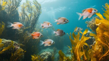 Naklejka na meble School of Colorful Fish Swimming in Kelp Forest