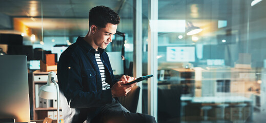 Aufkleber - Programmer, reading and tablet with planning, research and overtime work for email networking. Web design, night and deadline update for man, cloud computing and connectivity for online communication