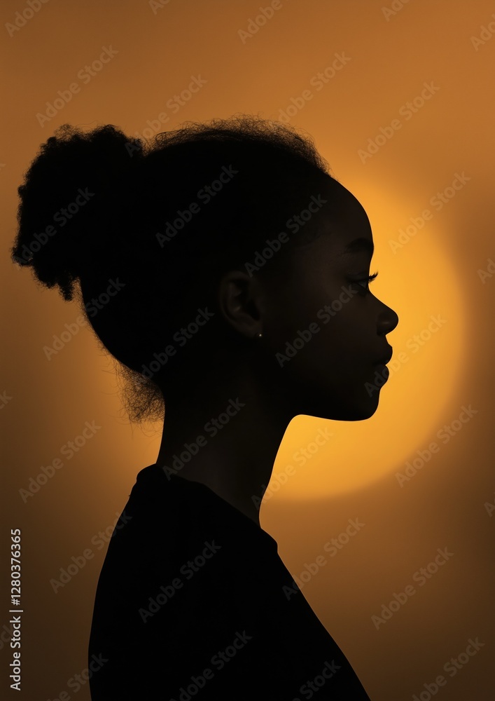 Silhouette of a young girl with her hair tied up in a bun. she is ...