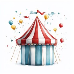 Wall Mural - Watercolor style of a circus tent, isolated on a white background, showcasing soft colors and textures.