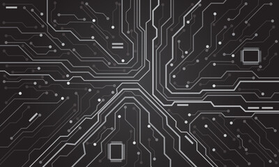 Poster - Abstract grey tone circuit board technology connected blue lines with electronics elements computer motherboard chip processor semiconductor digital background vector