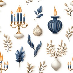 Wall Mural - Realistic seamless pattern featuring Hanukkah menorahs, isolated on a white background for a stylish design.