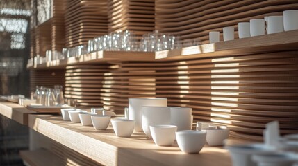 Poster - Elegant display of ceramic dishes and glassware on a wooden shelf with soft lighting ambiance