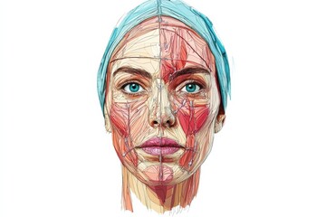 Poster - Detailed medical illustration showing Botox injection points on a female face with precise anatomical markings for procedure guidance. Generative AI