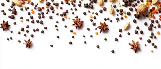 Wall Mural - Assorted spices on white background: star anise, pepper, cloves, cardamom, and mustard seeds