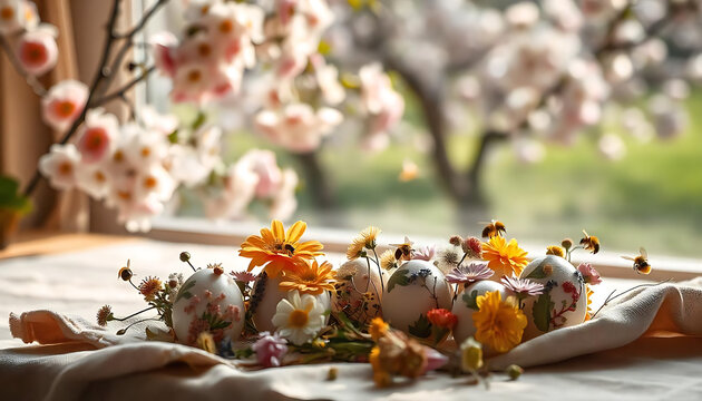 Easter Elegance A Floral Touch on Wooden Charm, Pastel Spring Composition, Happy Easter Greeting Card with Easter Egg and Flowers. Easter Concept, happy easter 2025, generative ai