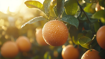 Wall Mural - Oranges with dewdrops hanging on a tree branch in sunlight.