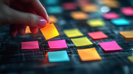 Poster - A hand is placing a colorful sticky note on a grid of assorted vibrant notes, showcasing creativity and organization in a workspace