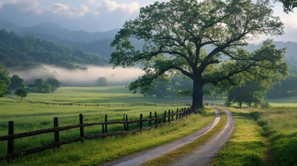 Poster - A serene landscape featuring a winding dirt road alongside a grand tree, with lush green fields and misty mountains in the background