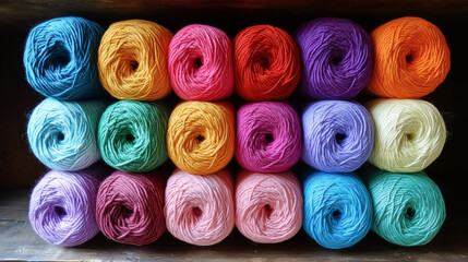 Aufkleber - A vibrant display of colorful yarn rolls arranged in rows, perfect for knitting and crafting projects