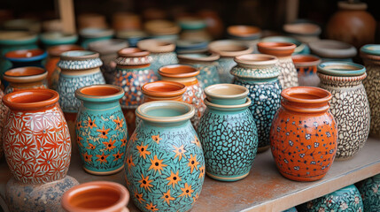 Poster - A vibrant collection of decorative pottery featuring various colors and intricate patterns, showcasing craftsmanship and artistic design