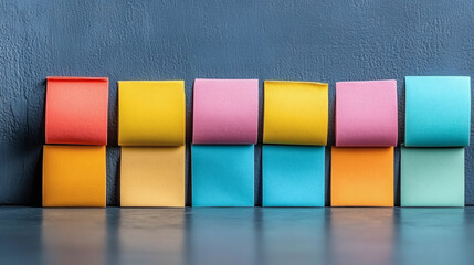 Aufkleber - Colorful sticky notes arranged in a row against a textured blue background, ideal for organization and reminders
