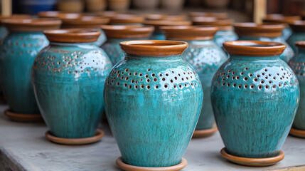 Poster - A collection of beautifully crafted turquoise pottery vases with intricate perforations, showcasing artistic design and craftsmanship