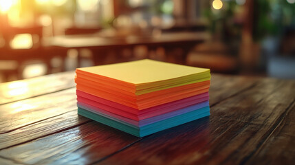 Poster - A vibrant stack of colorful sticky notes rests on a wooden table, illuminated by warm sunlight, creating a cozy and inviting atmosphere