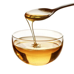 Poster - close up of honey being poured from spoon into glass bowl, showcasing its golden color and smooth texture. image evokes sense of sweetness and natural goodness
