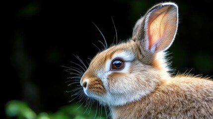 Wall Mural - A close-up of a rabbit's face, showcasing its soft fur, large ears, and expressive eyes against a dark background.