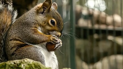 Wall Mural - A squirrel munches on an acorn, showcasing its fluffy tail and keen focus, set against a blurred background of a cage or enclosure.
