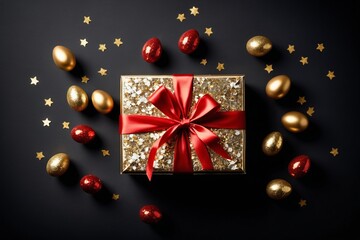 Wall Mural - Golden eggs, gift box with shining stars on a black holiday background, flat lay