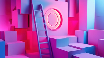 Poster - Abstract geometric scene with a ladder leading to a glowing circle, set in a vibrant pink and blue environment