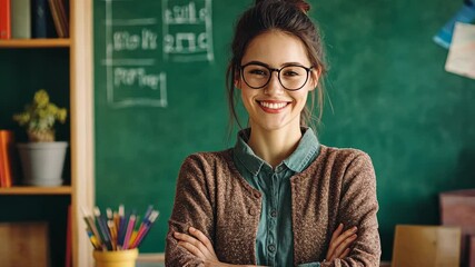 Poster - Confident teacher engaging with students in a vibrant classroom during a learning session, A confident teacher standing in a classroom on green chalkboard background